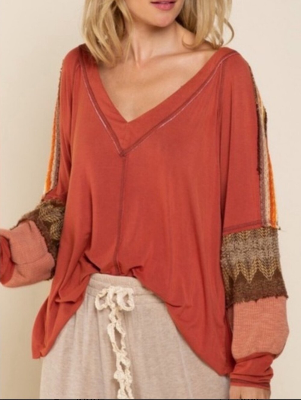 POL NWT Contrast Crochet V-Neck Long Sleeve Top In Brown Size Large